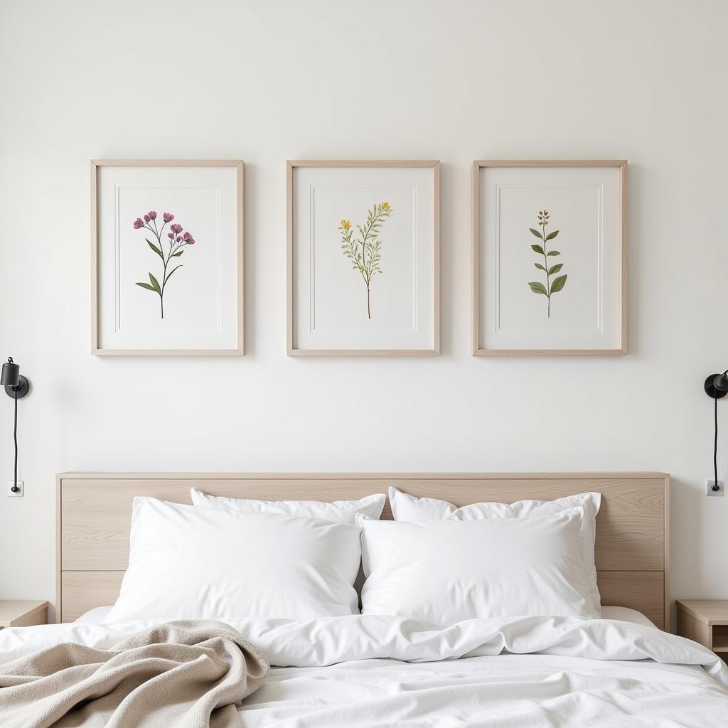 Modern Pressed Flower Art in a Minimalist Bedroom