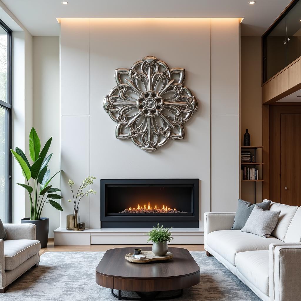 Modern silver metal wall art in a living room setting