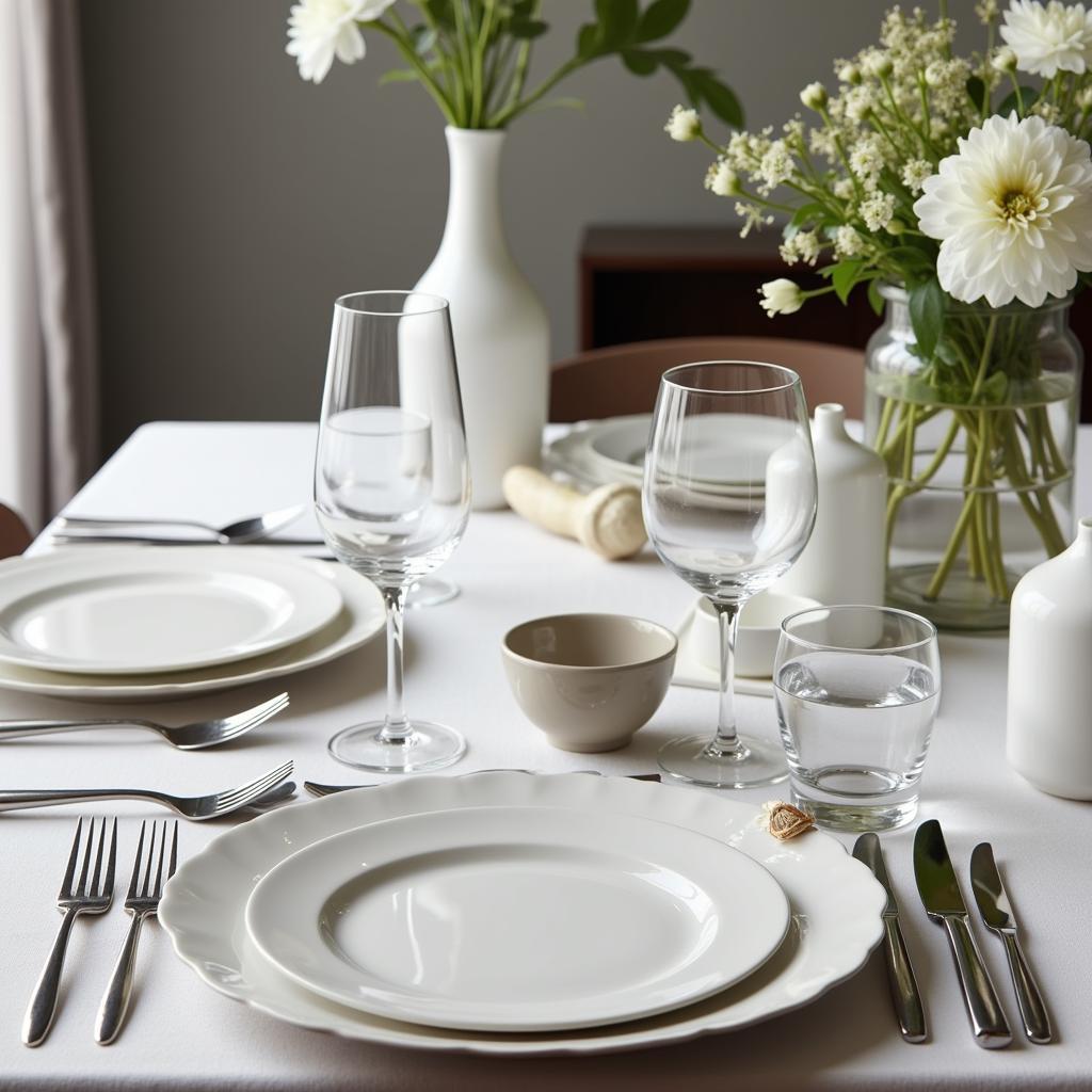 A modern dining table featuring a mix of Art Deco flatware and contemporary tableware elements