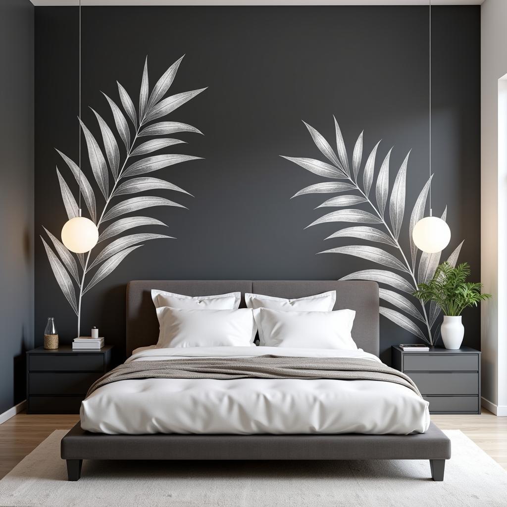 Monochrome jungle leaf wall art stickers create a stylish statement in a modern bedroom.