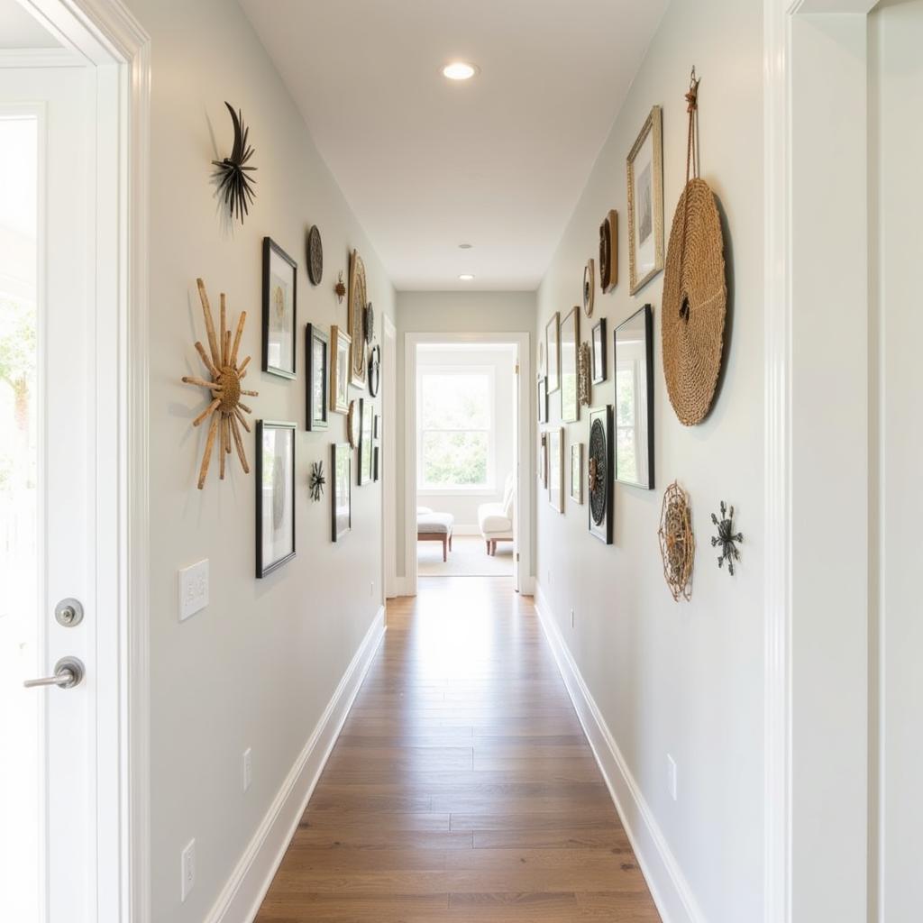 Eclectic Moon Sun Gallery Wall in a Hallway