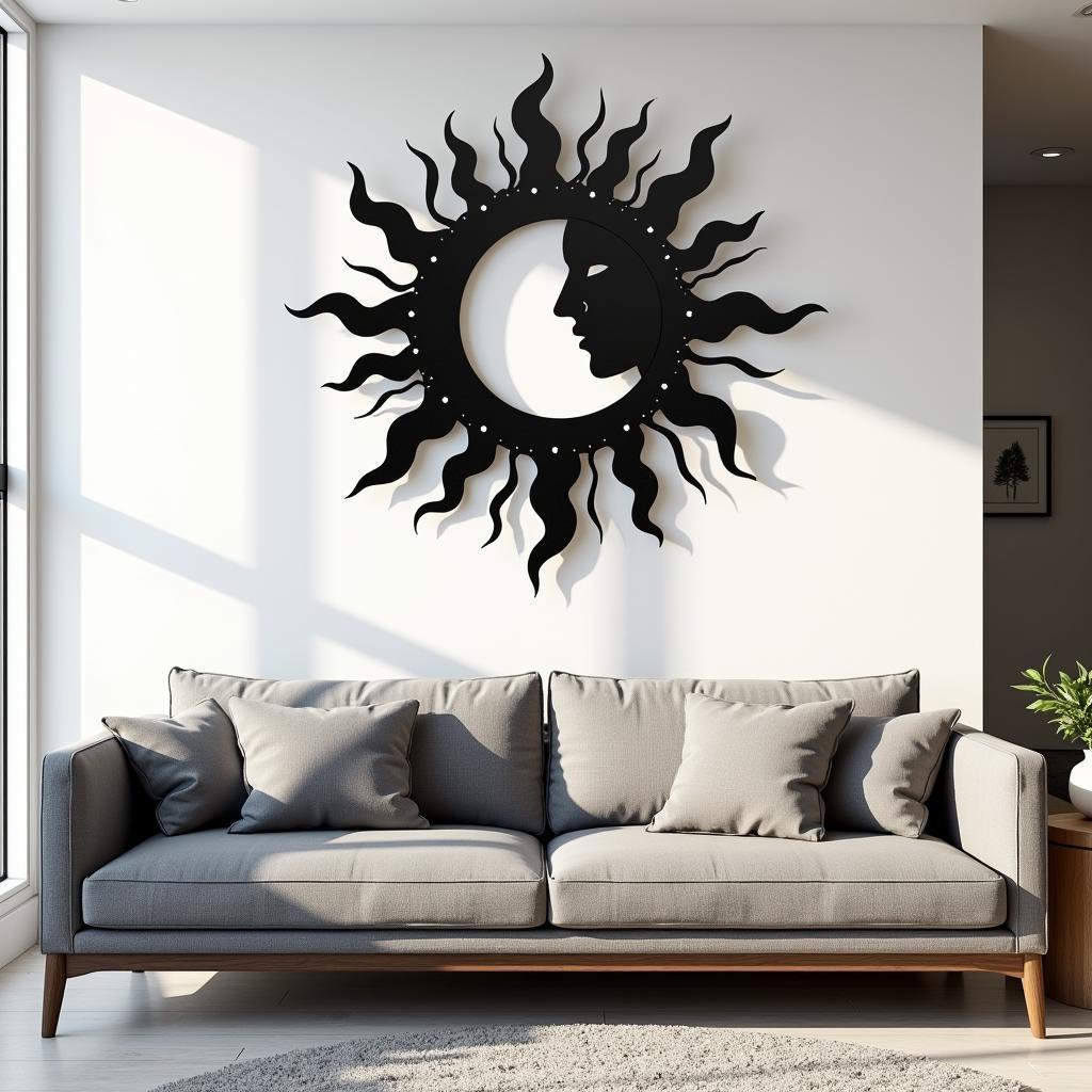 Modern Metal Moon Sun Wall Art in a Living Room