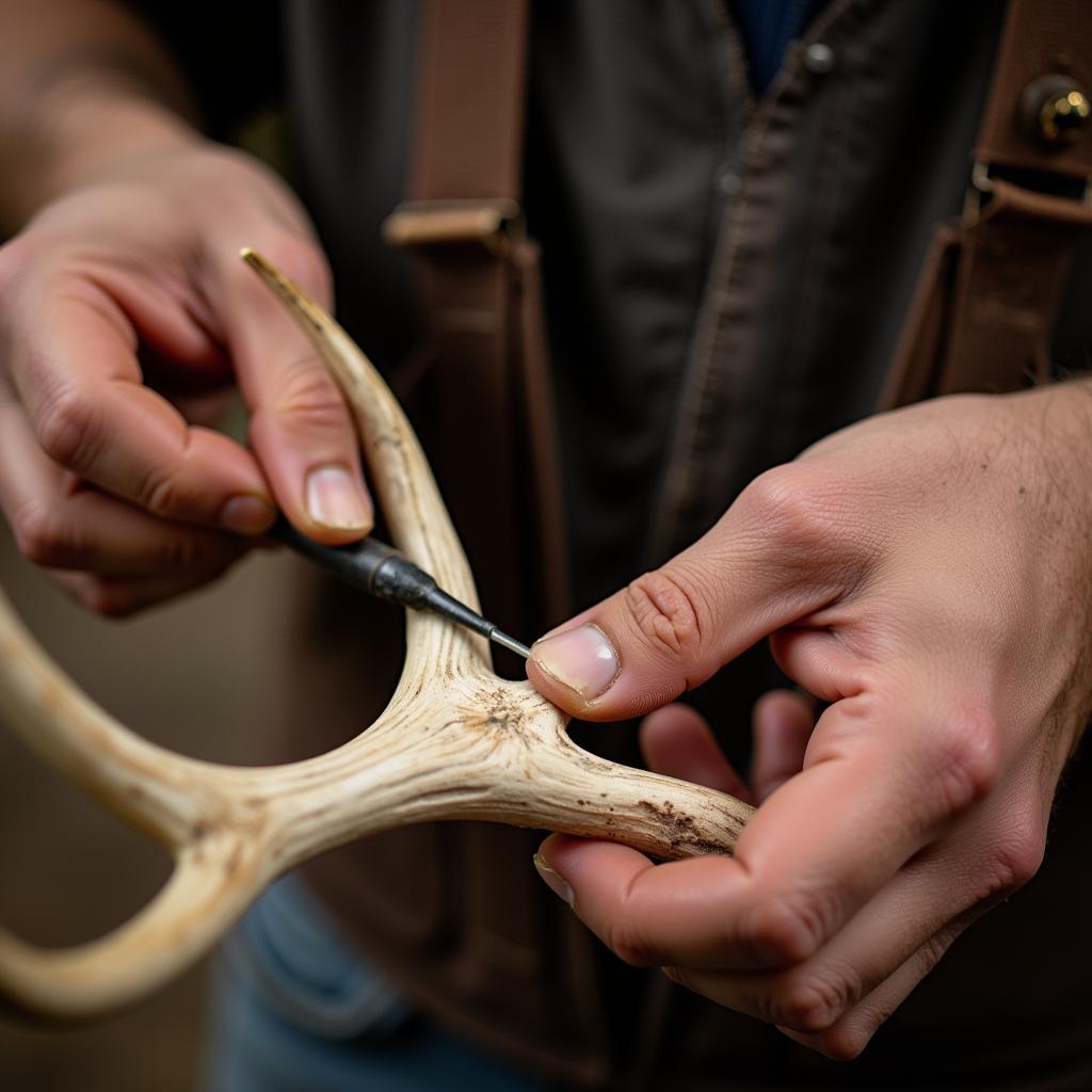 An artisan meticulously carving a moose antler.