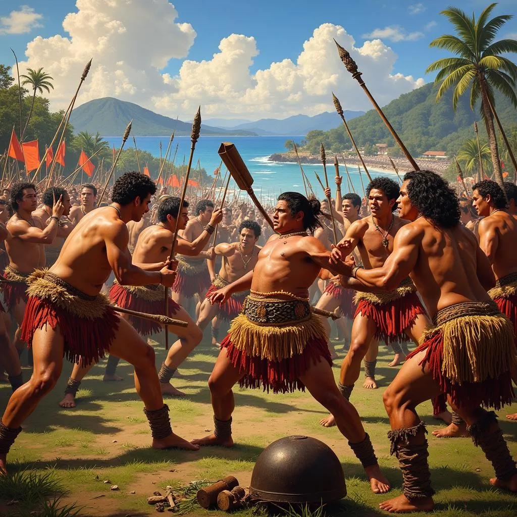 A colorful painting of Hawaiian warriors clashing on a battlefield