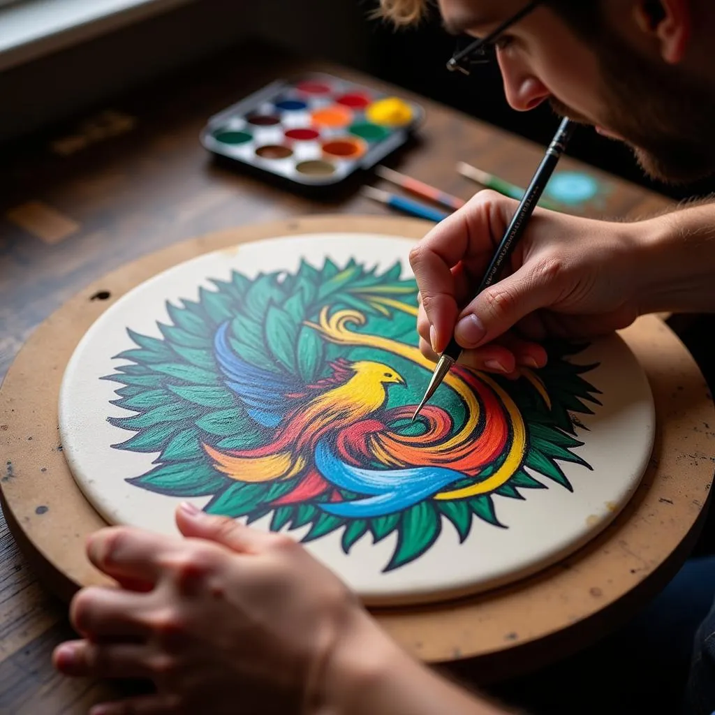 An artist hand-painting on a bass drum head