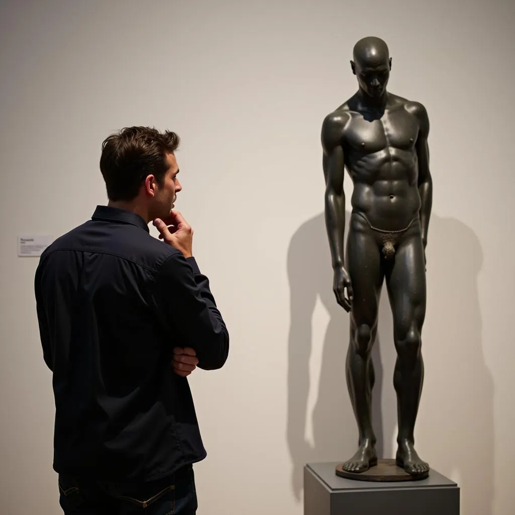 A man observing a modern sculpture with a thoughtful expression