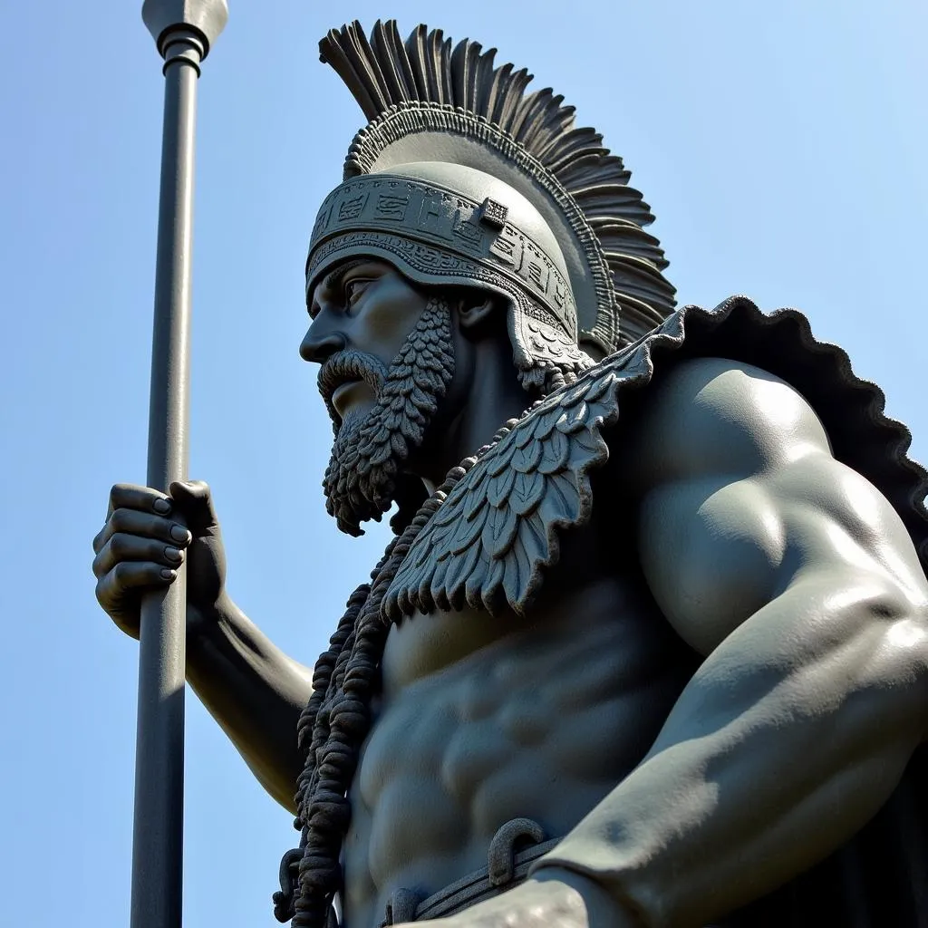 A man wearing a feather helmet holds a large spear