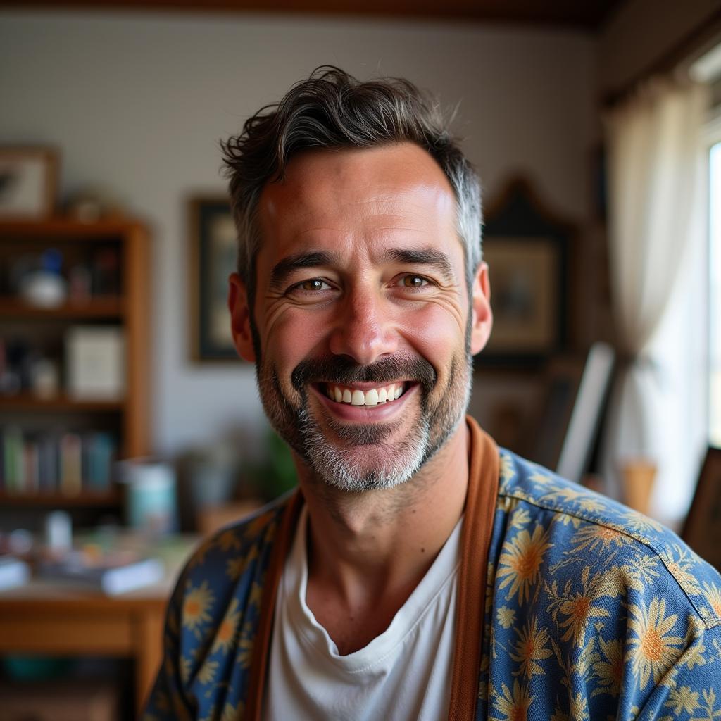 Man in art smock smiling in studio