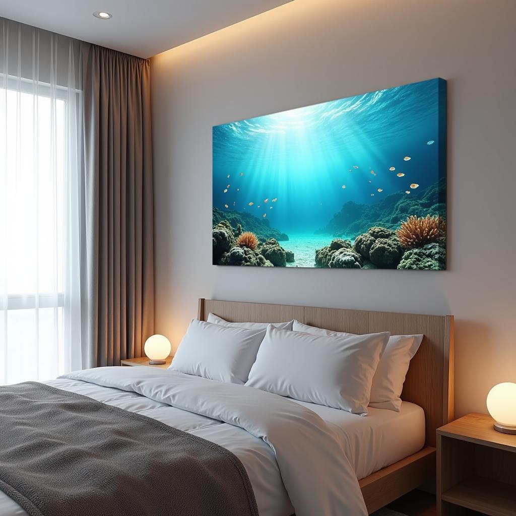 Serene bedroom with a motion picture wall art piece depicting an underwater scene