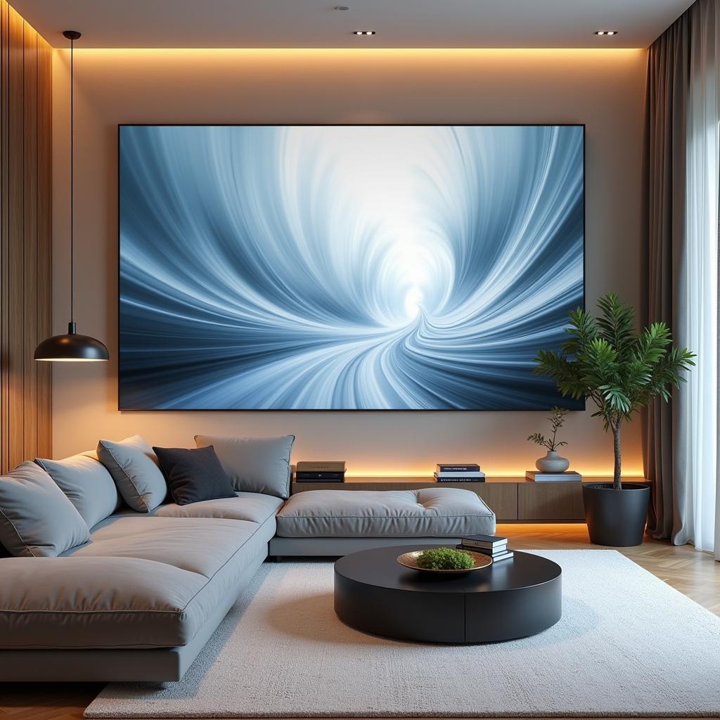 Modern living room with a motion picture wall art display