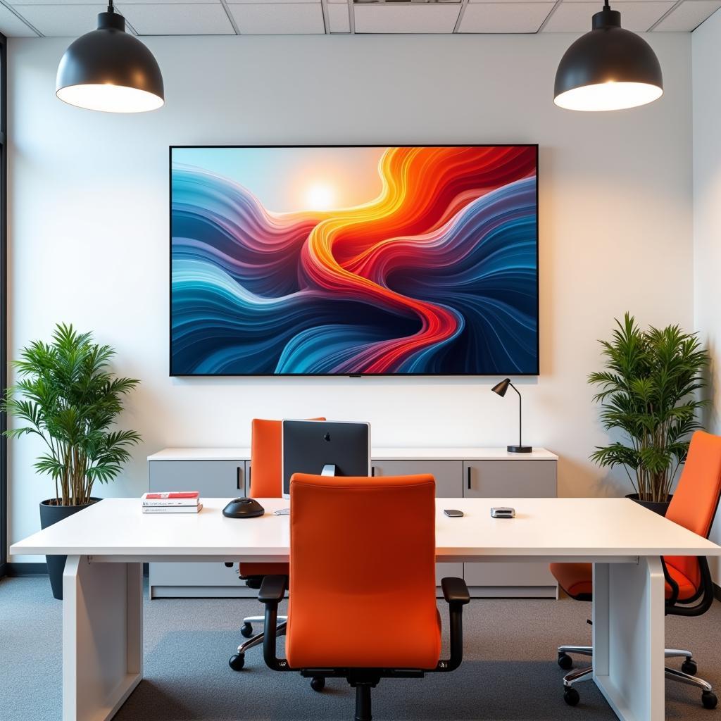 Modern office featuring a motion picture wall art piece with abstract design