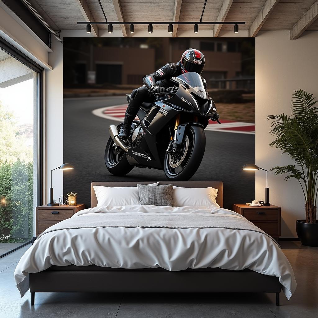 Man cave featuring motorcycle racing art