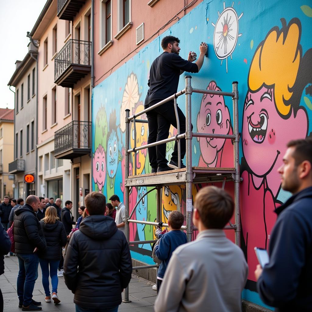 Street artist creating a large-scale mural