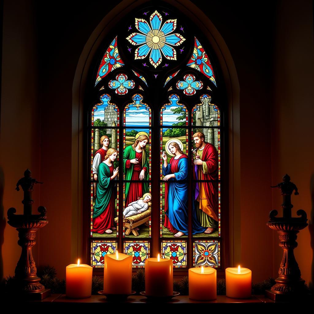 Stained glass window depicting the nativity scene in a church during Christmas