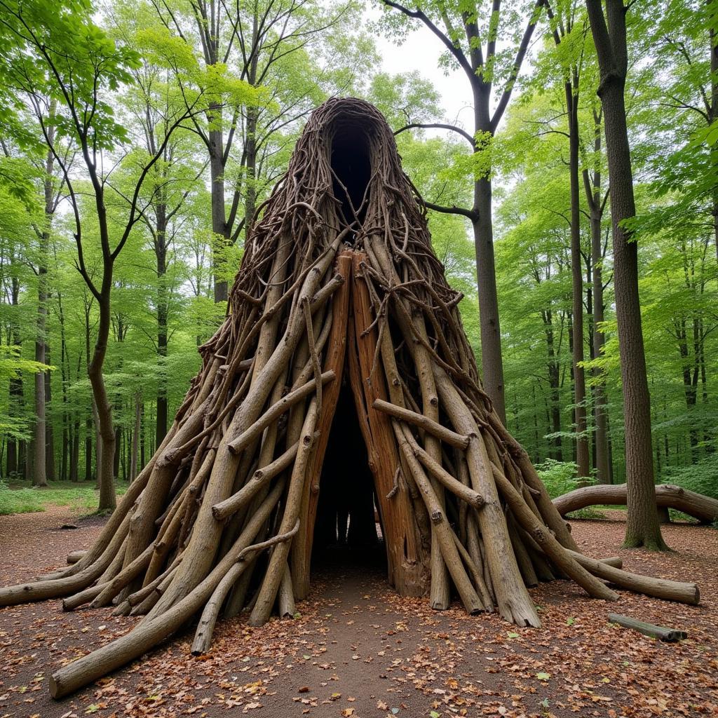 Wooden sculpture in a forest setting