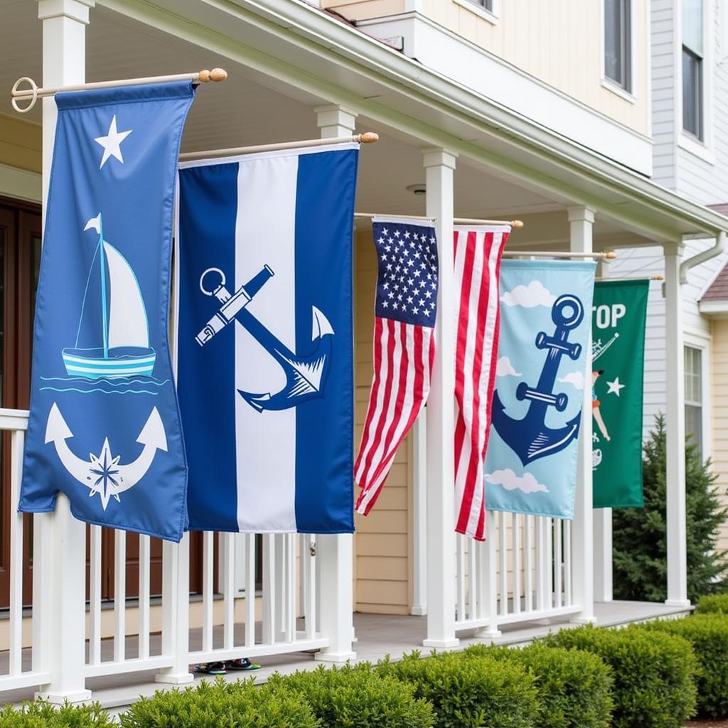 Nautical breeze art flags displayed at a beach house