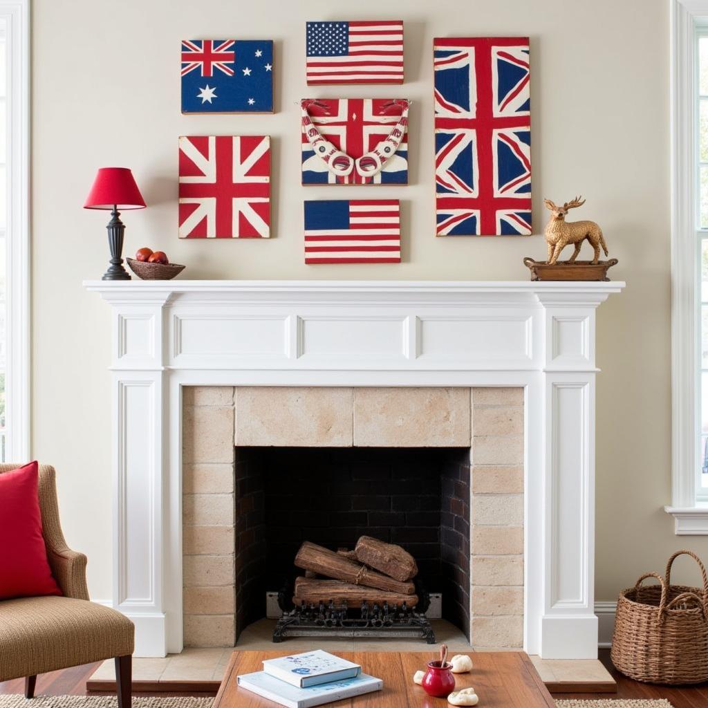 Nautical flag wall art above a fireplace