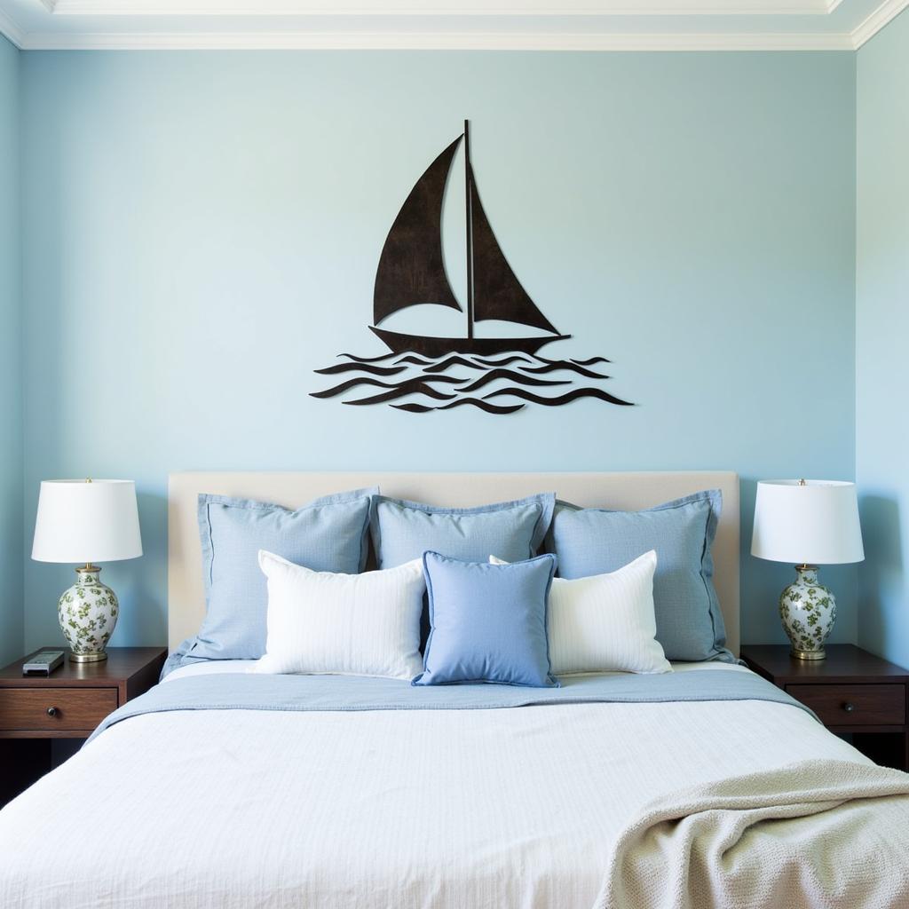  A serene bedroom featuring a nautical-themed metal wall art piece above the bed.