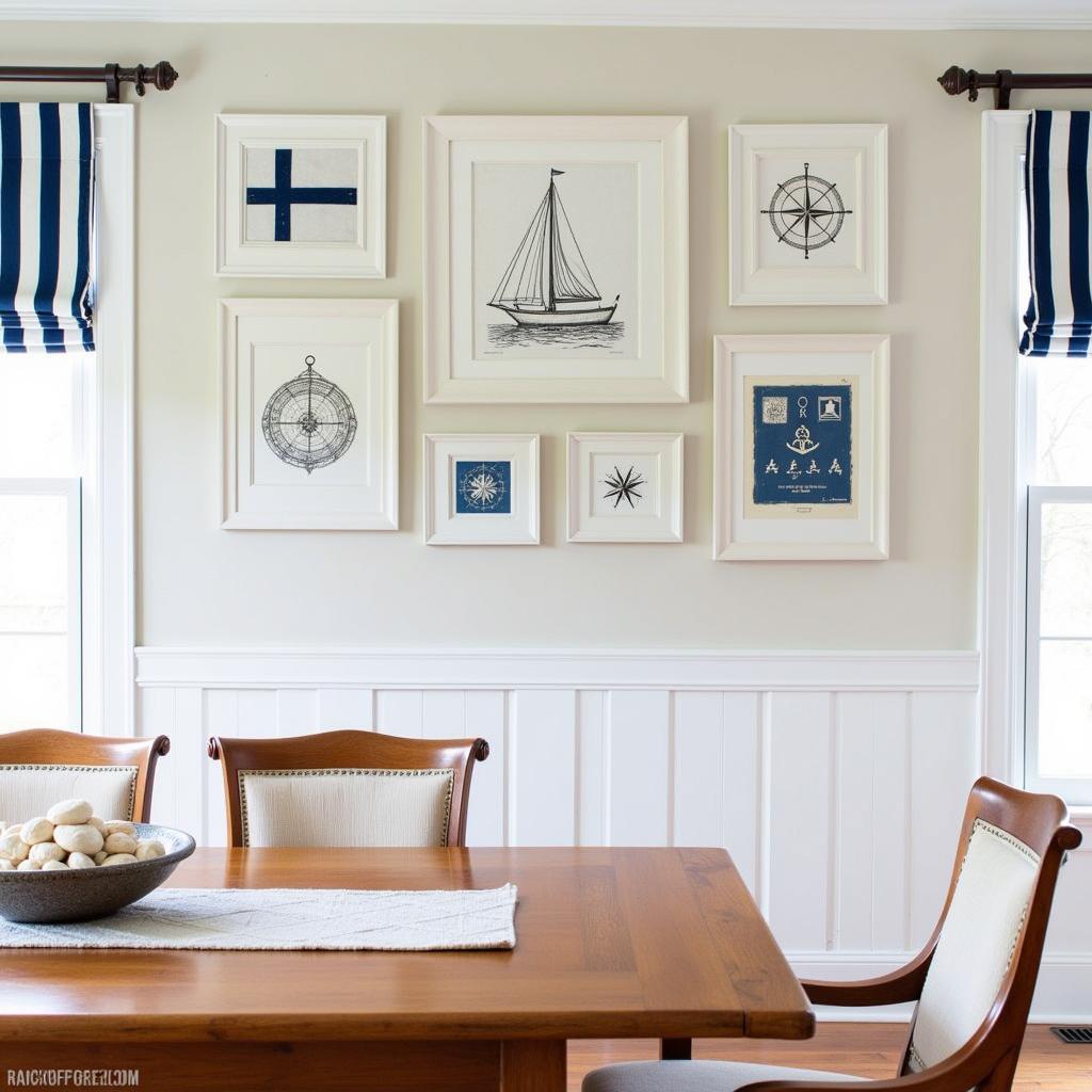 Nautical-themed wall art in a dining room with coastal decor