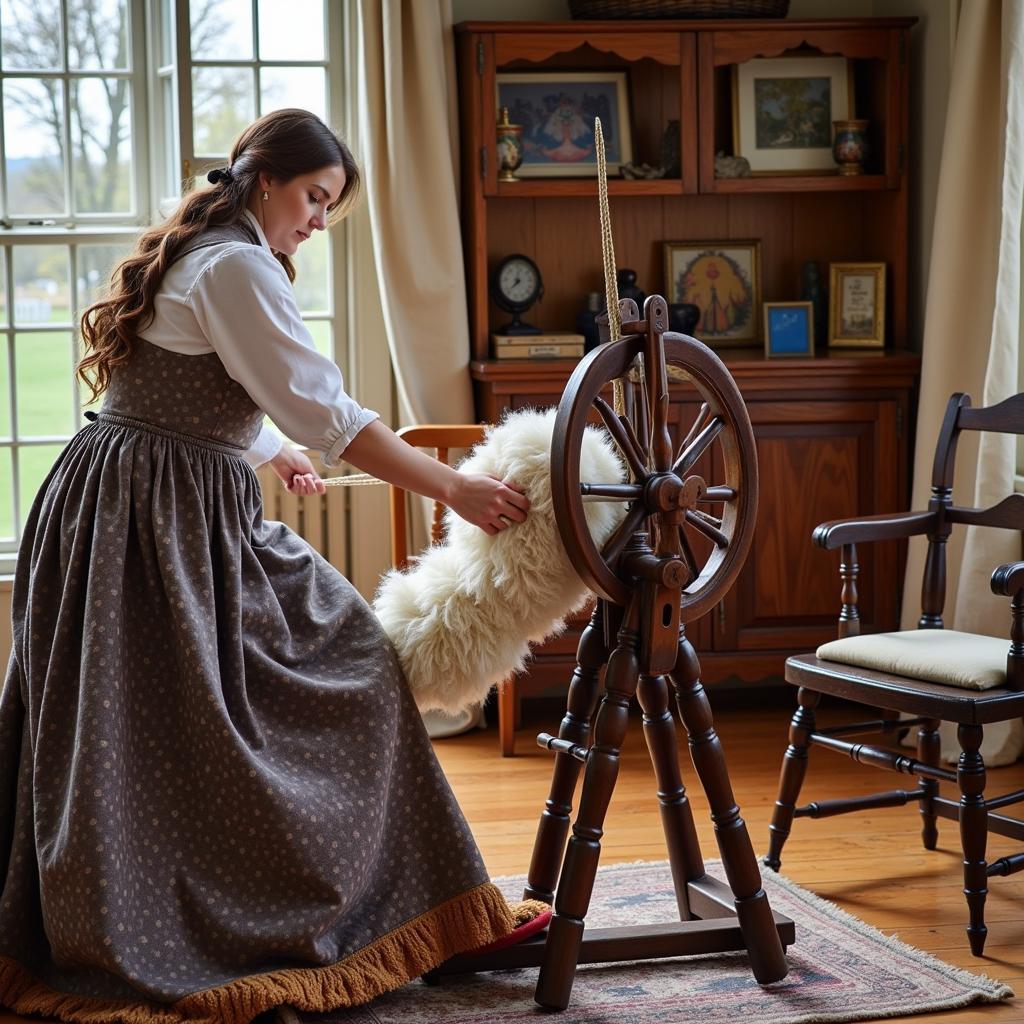 Woman in Period Clothing Demonstrating Wool Spinning at a New Hampshire Historical Site