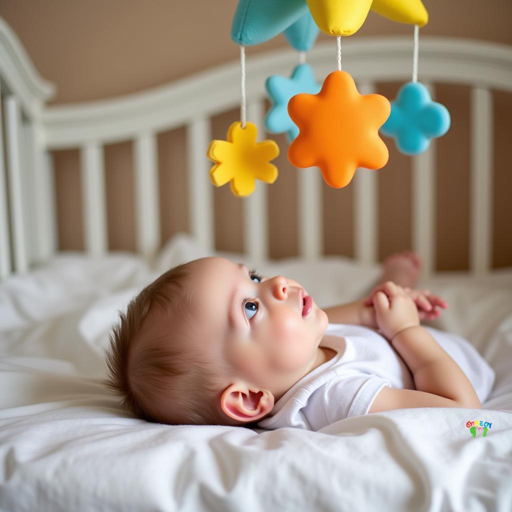 Newborn exploring a colorful mobile