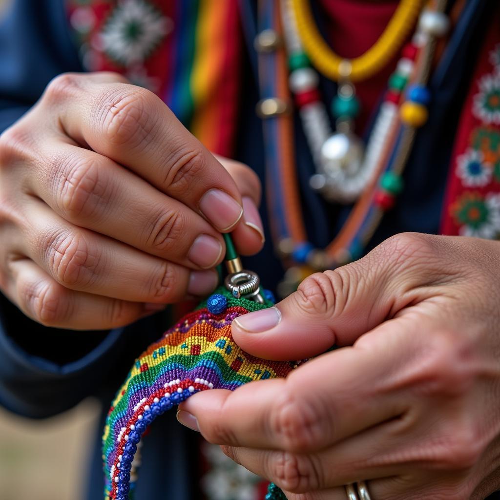 Cherokee Artisan Demonstrating Beading at Homecoming