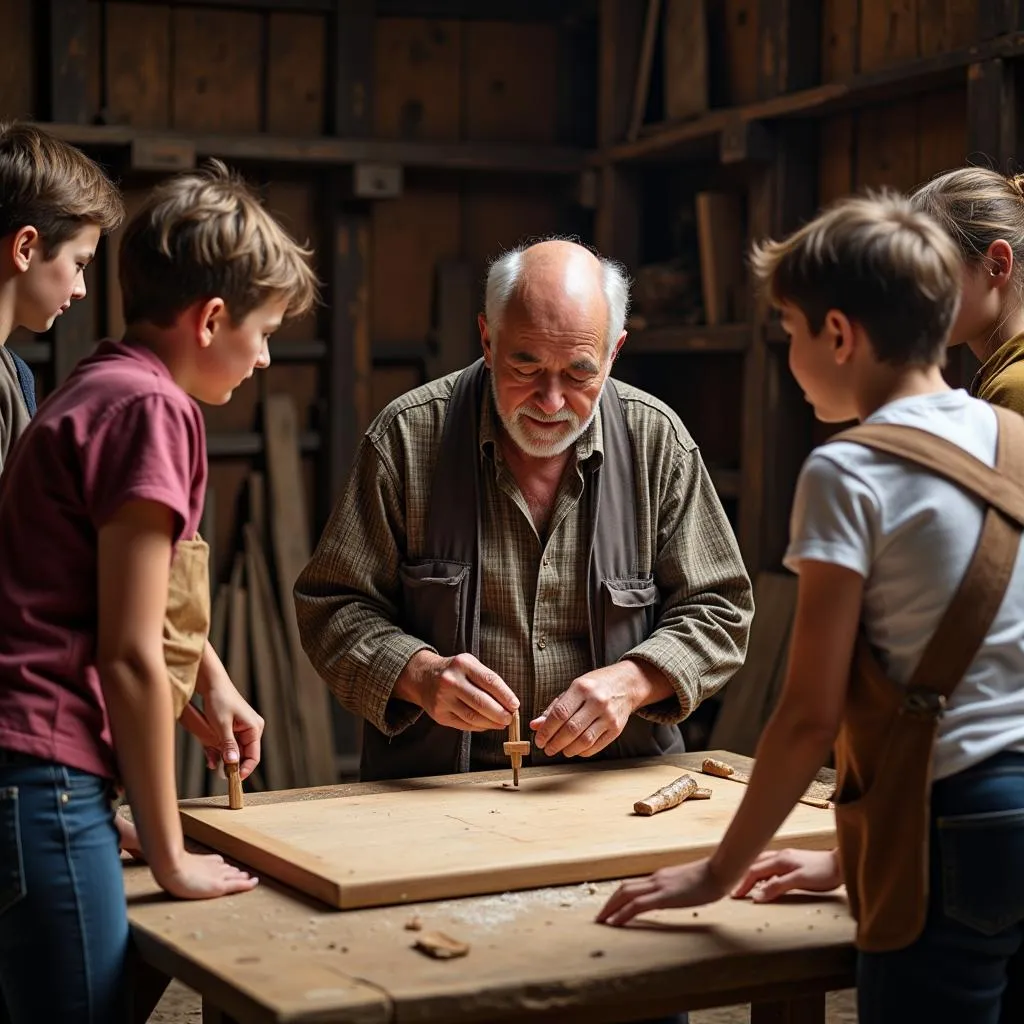 An artisan passing down traditional cradle board making techniques to younger generations