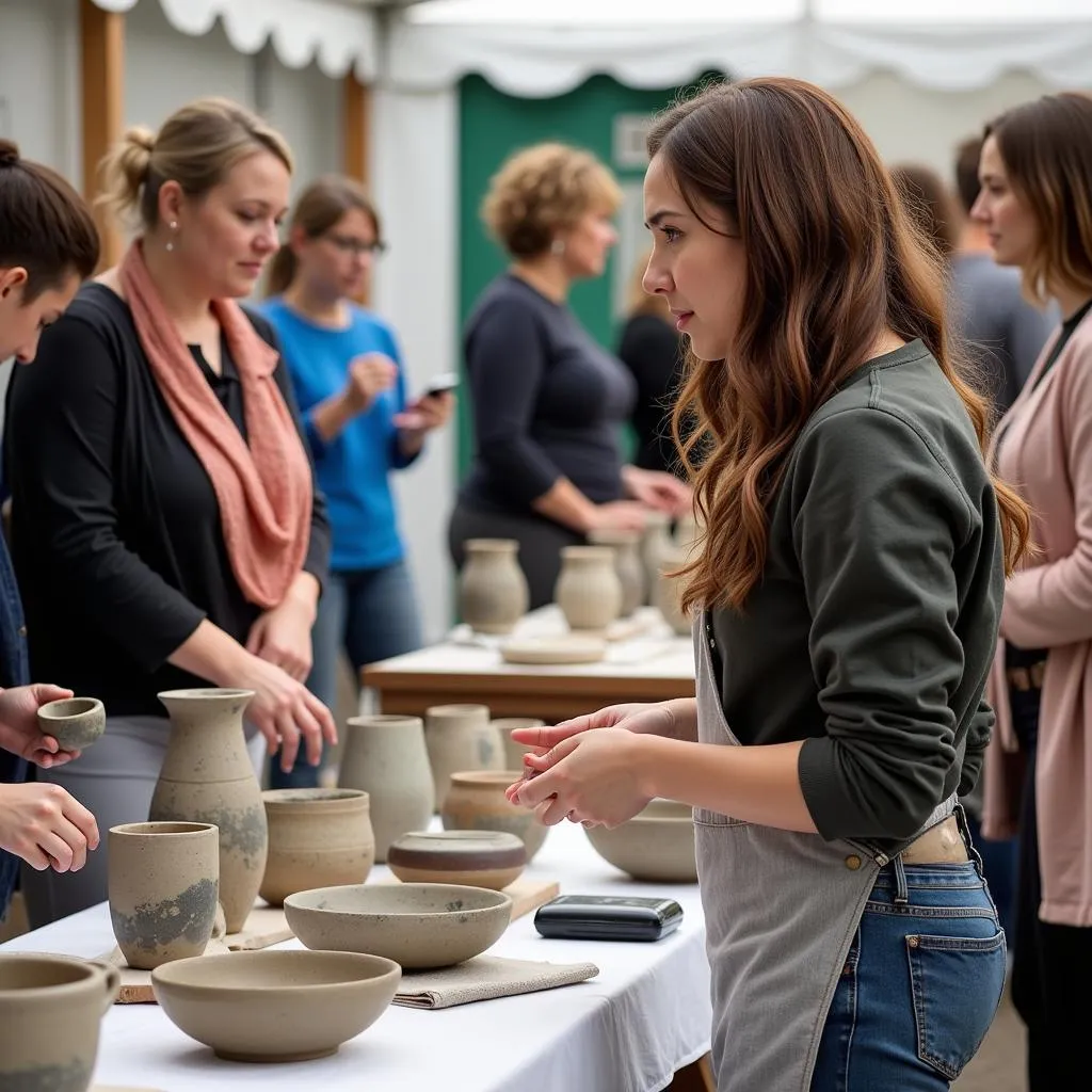 An artist proudly showcases their intricate pottery creations at their booth during the Arts in the Alley festival in Grove City, Ohio.