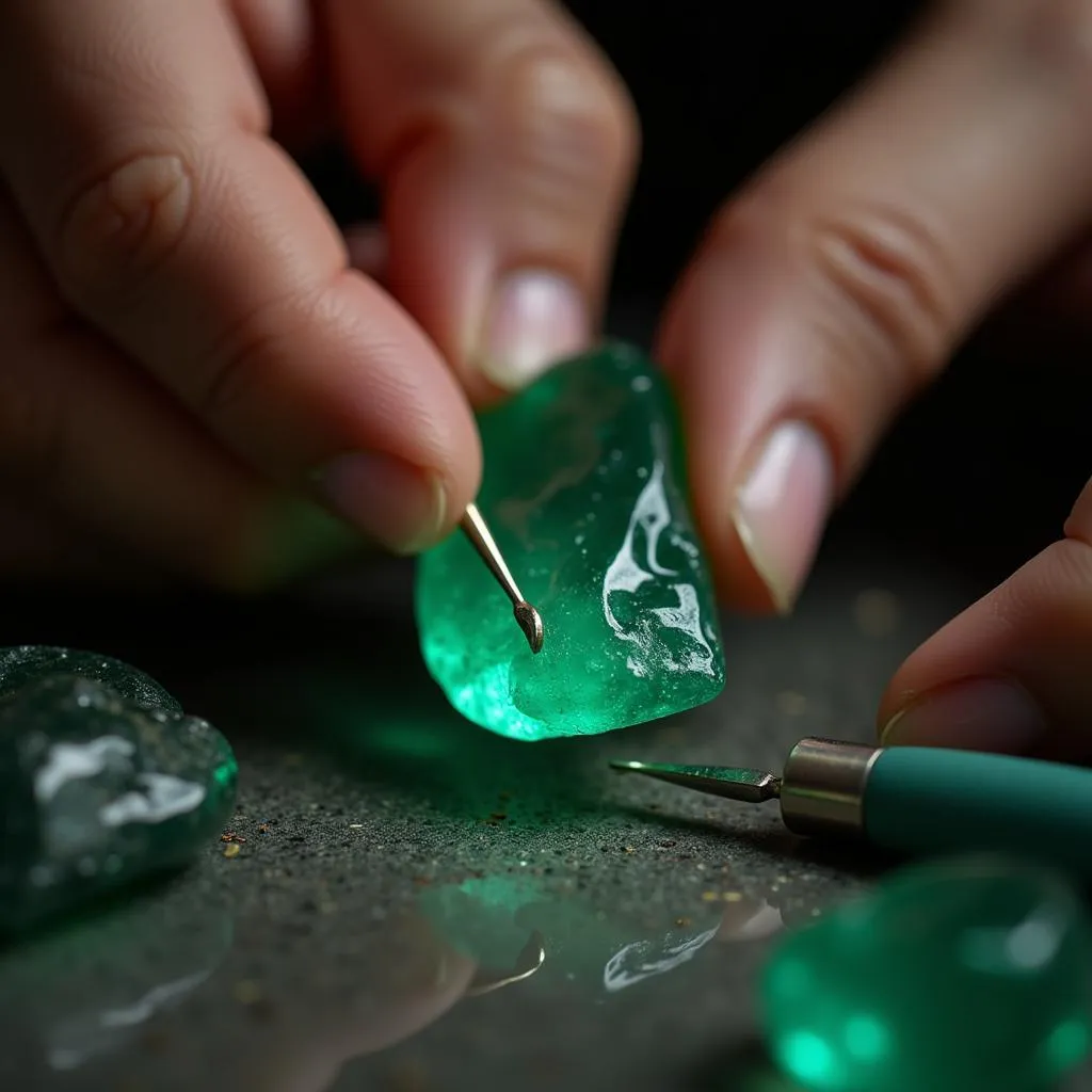 An artist meticulously carving an emerald gemstone to create a stunning art piece