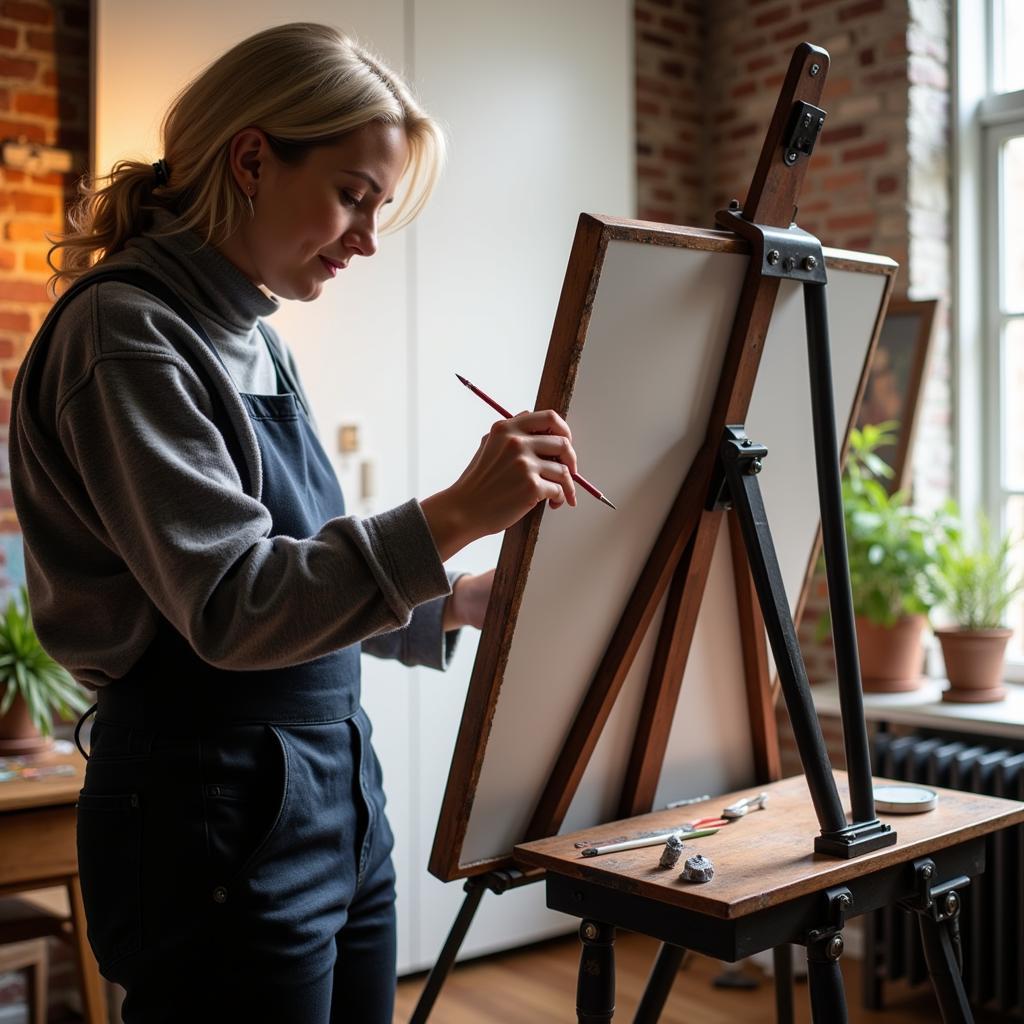 Artist using a Metal Art Easel