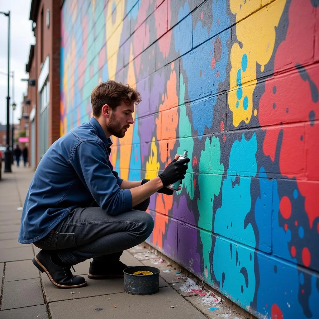 Artist creating a wall mural in Liverpool