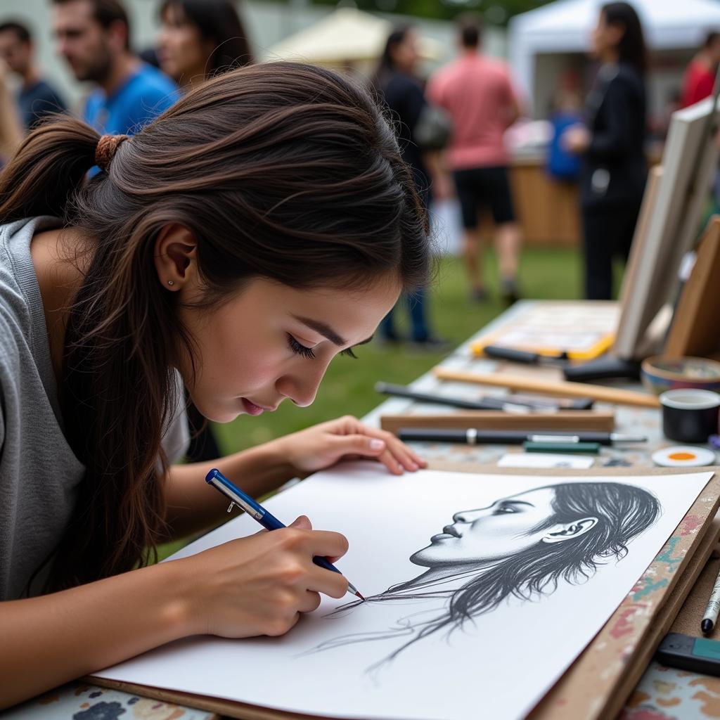 Artist drawing a portrait at the festival