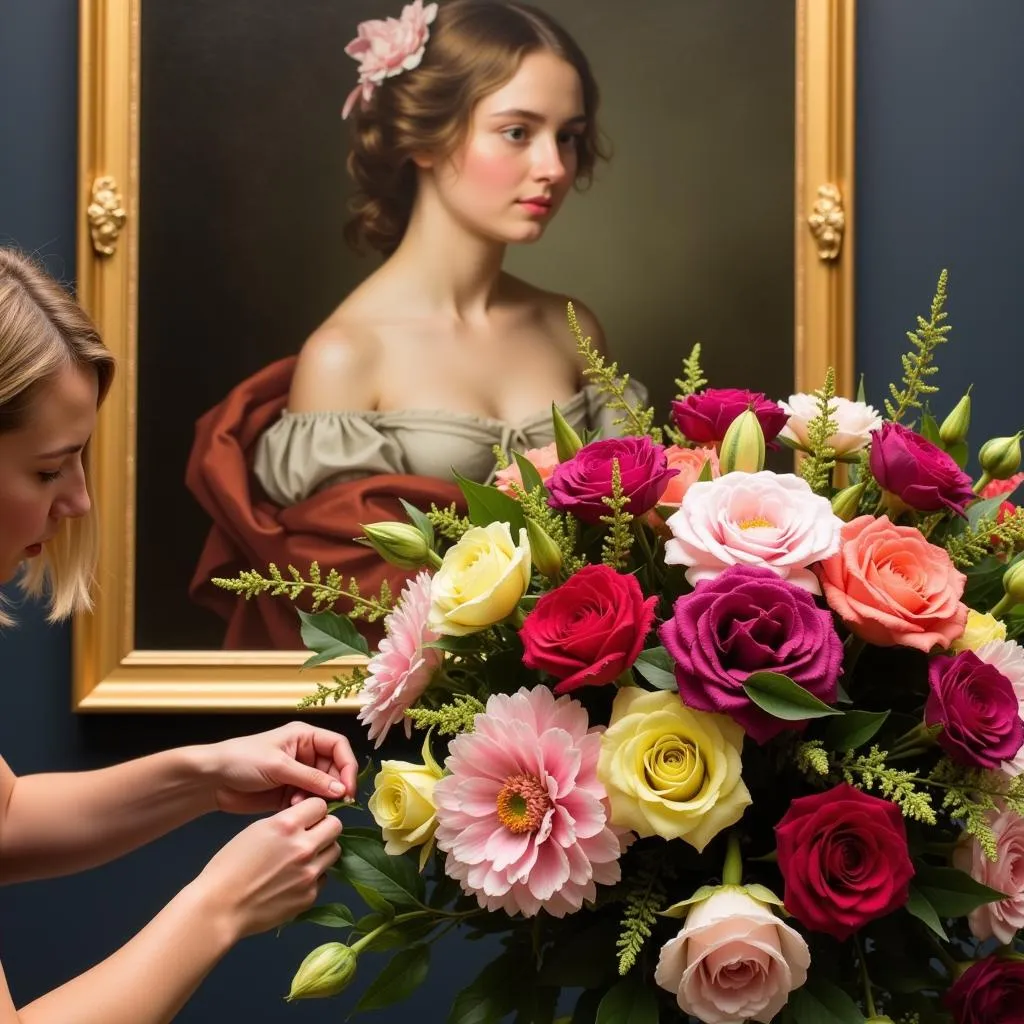 Floral artists arrange blooms in front of a painting at Art in Bloom DC