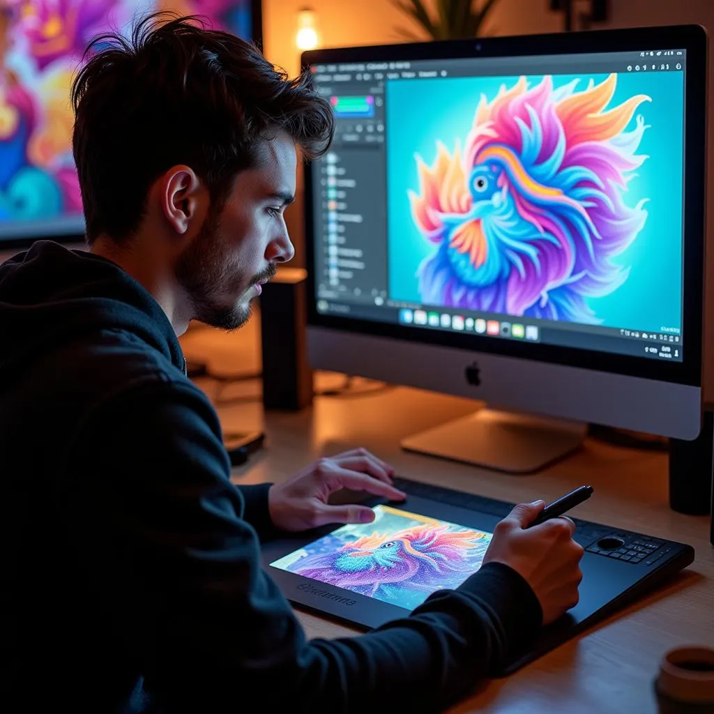 Digital artist using a graphics tablet on a computer