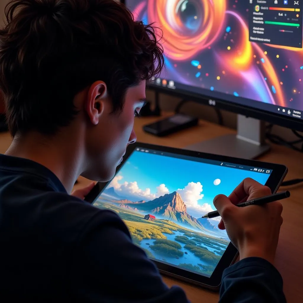 Digital artist creating with a digital pen