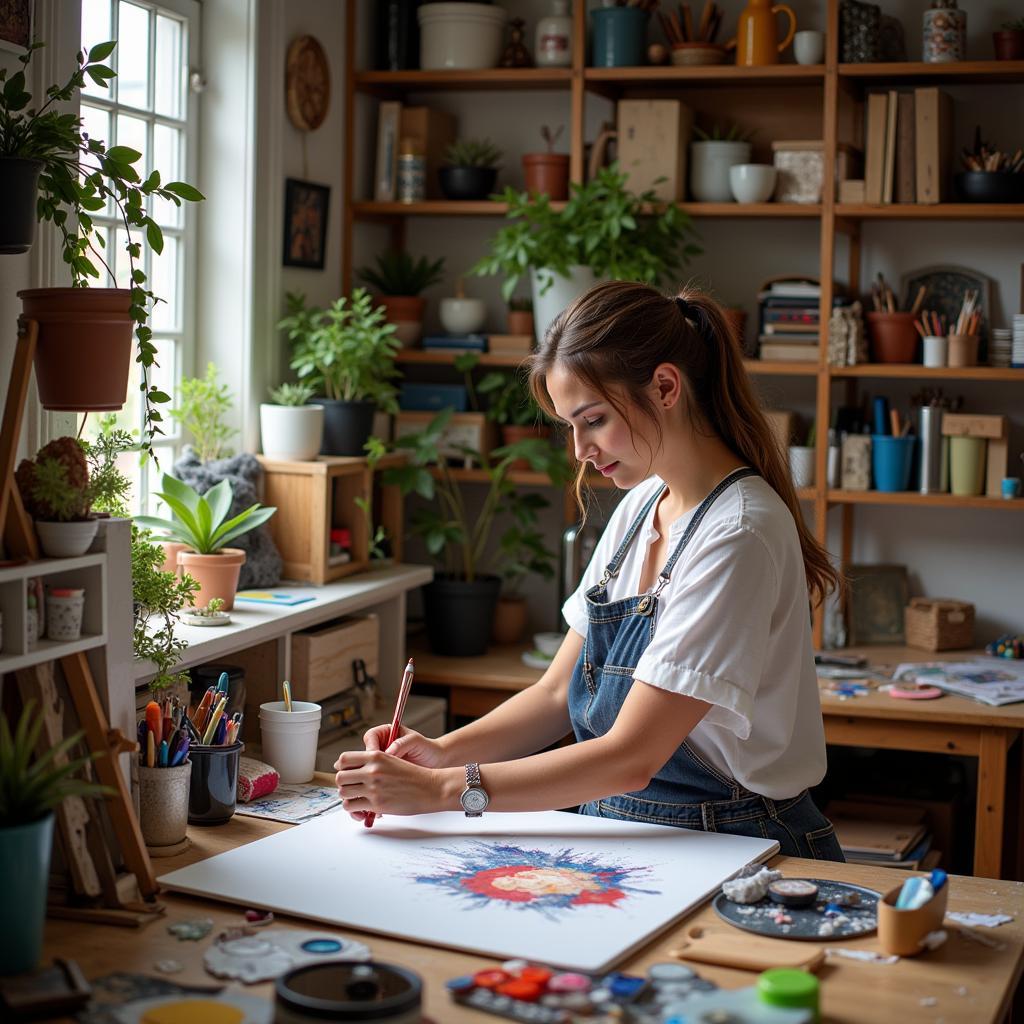 Artist working in a studio surrounded by art and craft supplies purchased wholesale