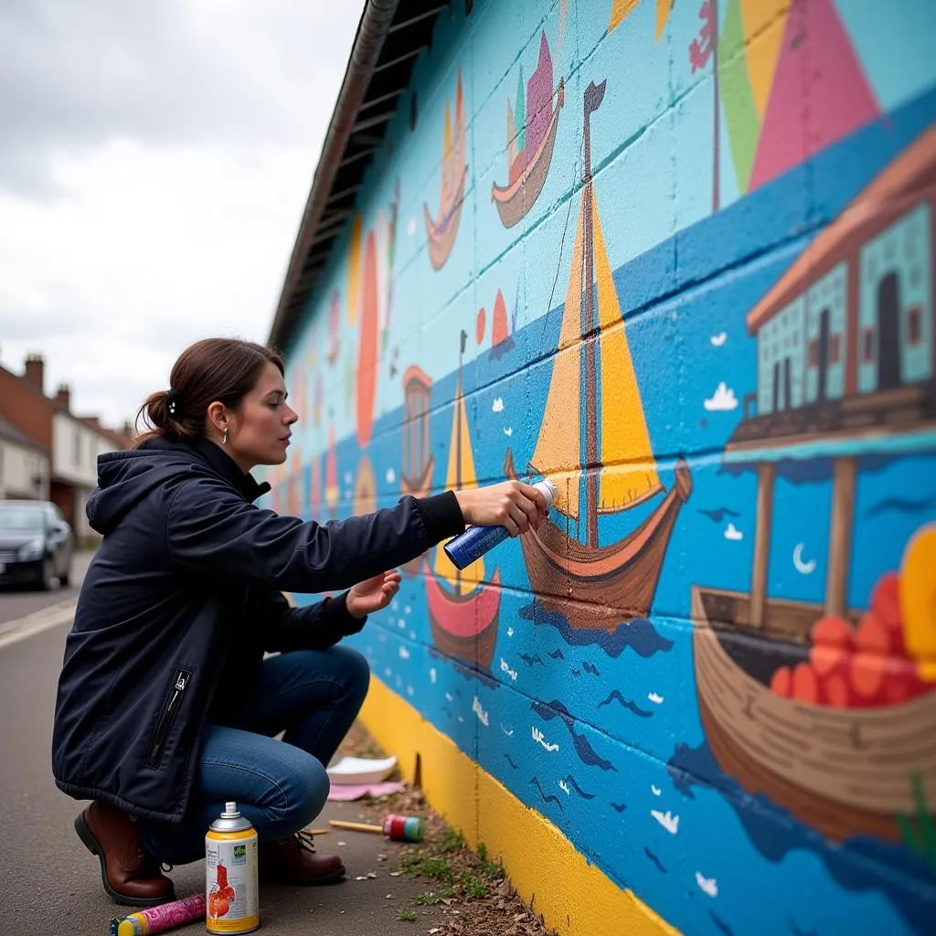 Brighton street artist creating a mural