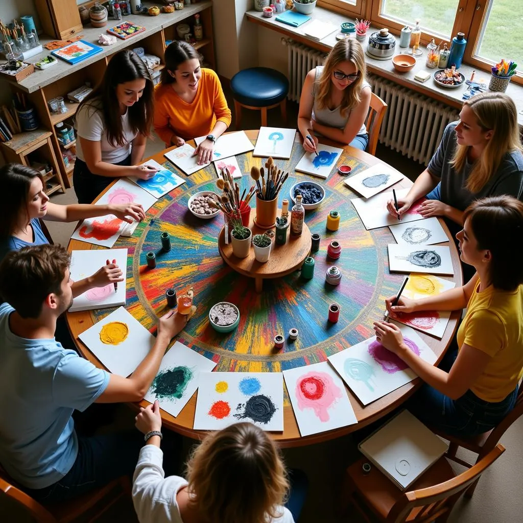 Artists using a lazy susan in a studio