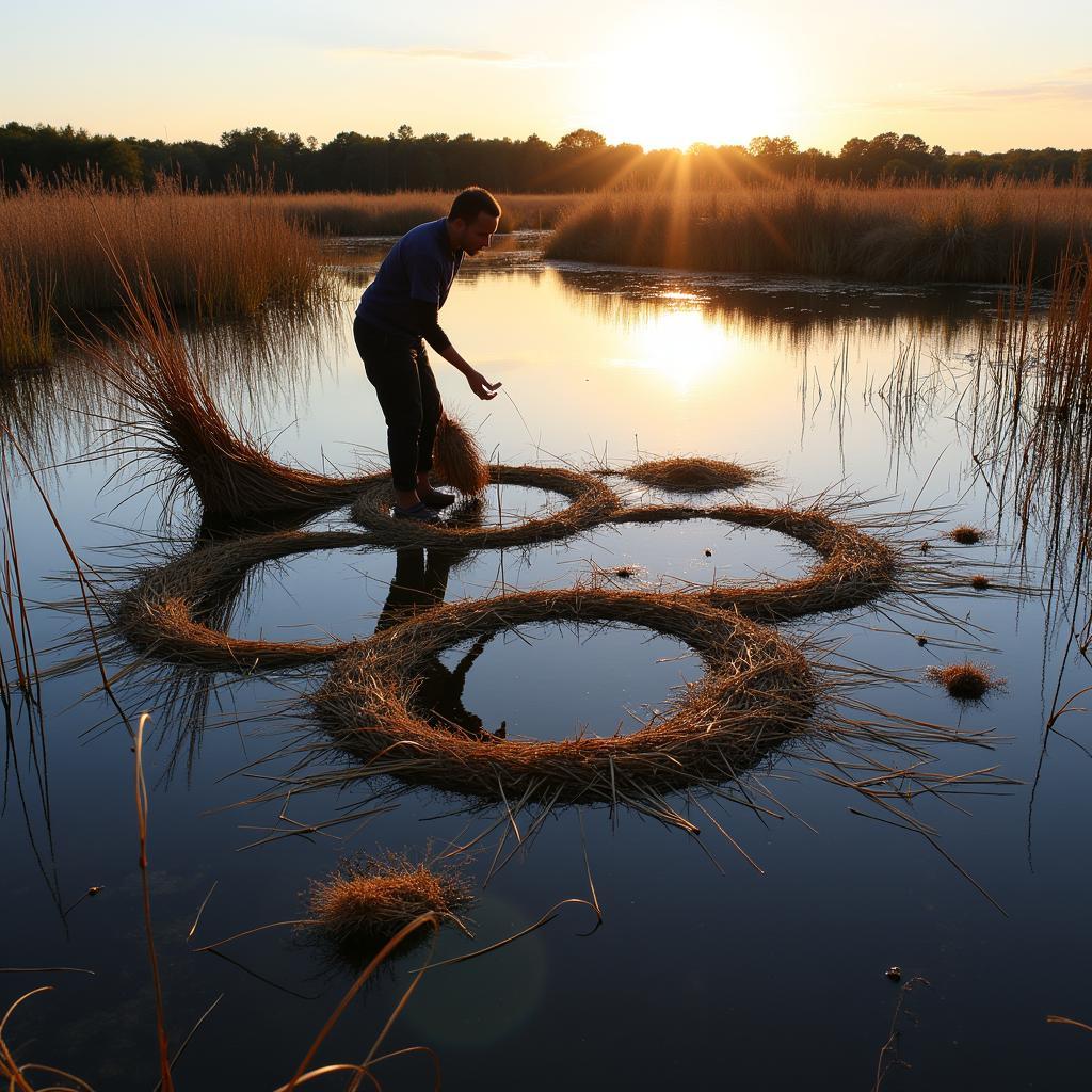 Nghệ sĩ đang tạo hình tác phẩm marsh art trên nền đầm lầy