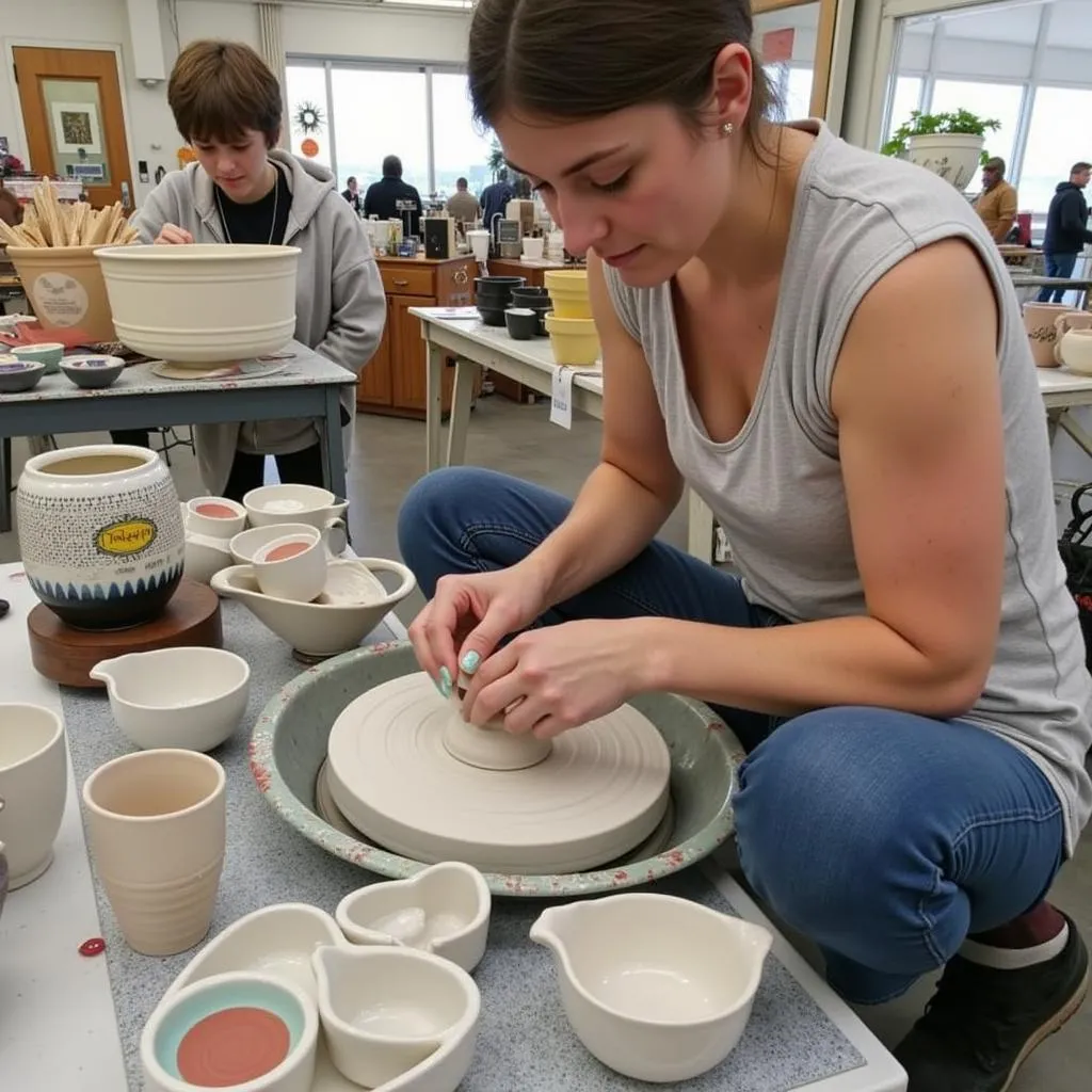 Potter shaping clay at the Two Harbors Art Fair