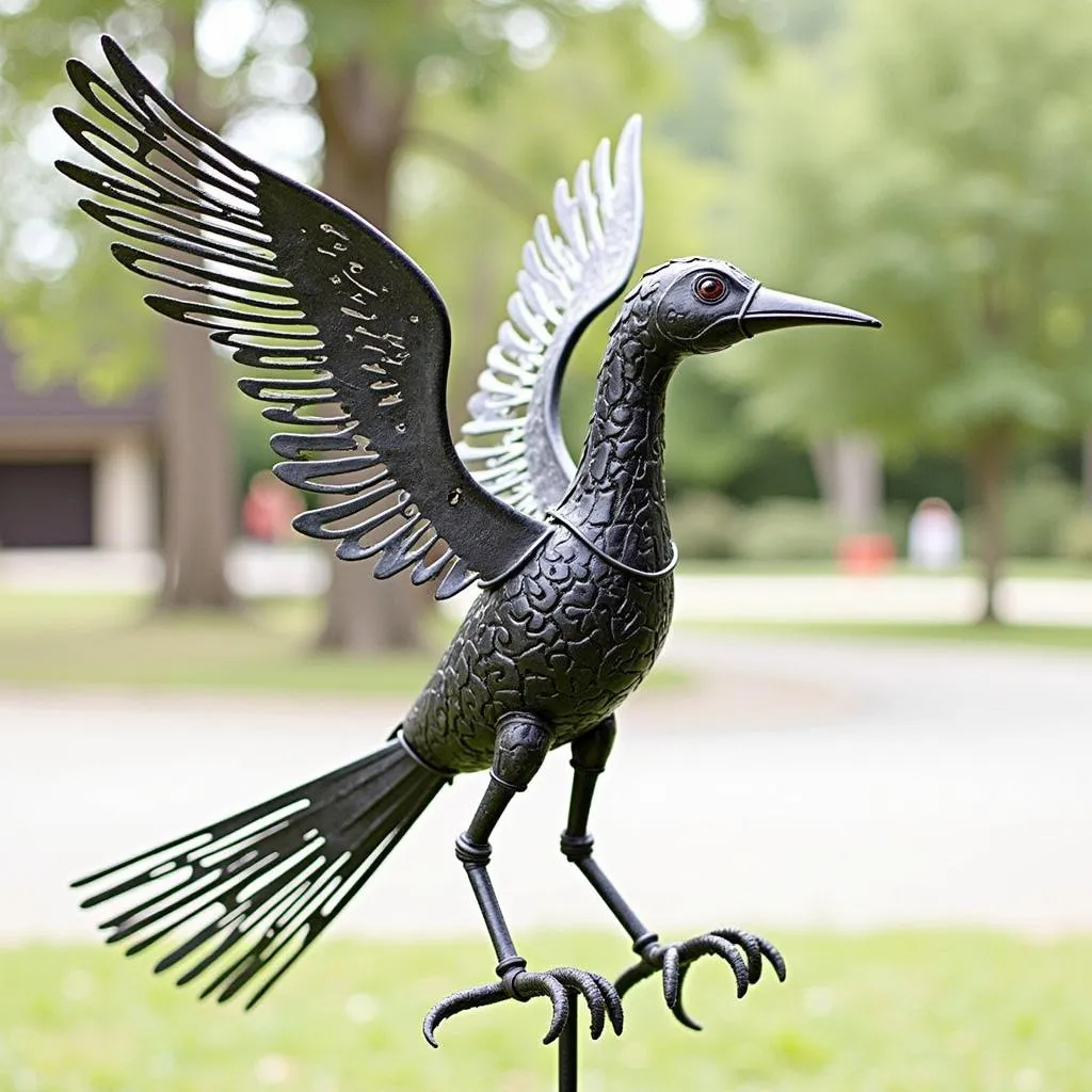 Metal yard art sculpture showcasing a whimsical bird in flight