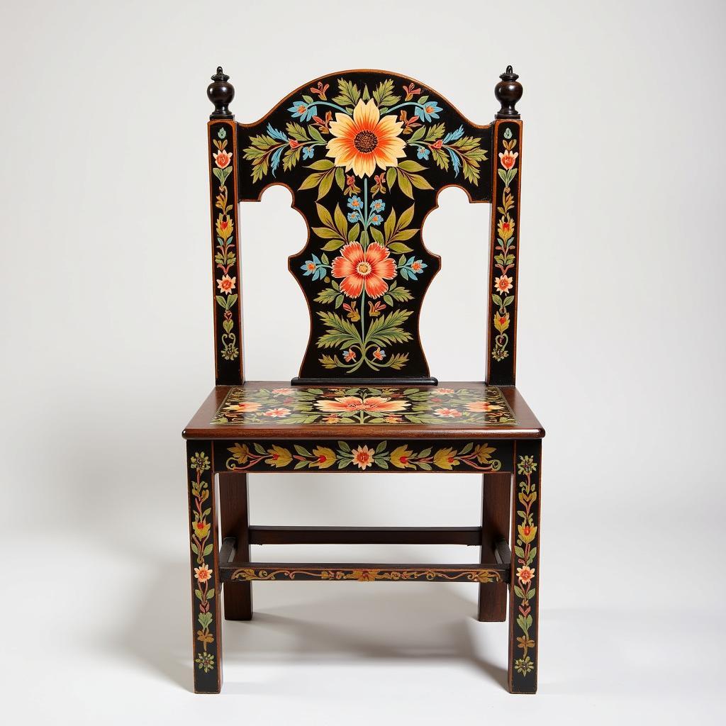 Painted chair art with intricate floral patterns