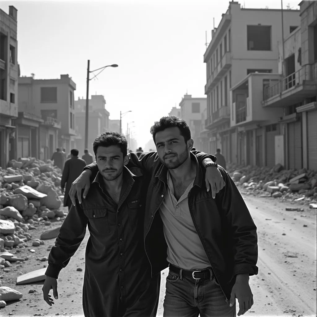 Iraqi civilians navigate a war-torn street