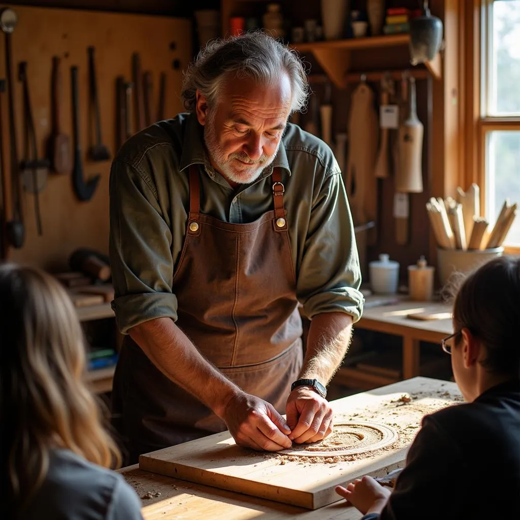 Man teaching wood carving techniques in a workshop setting