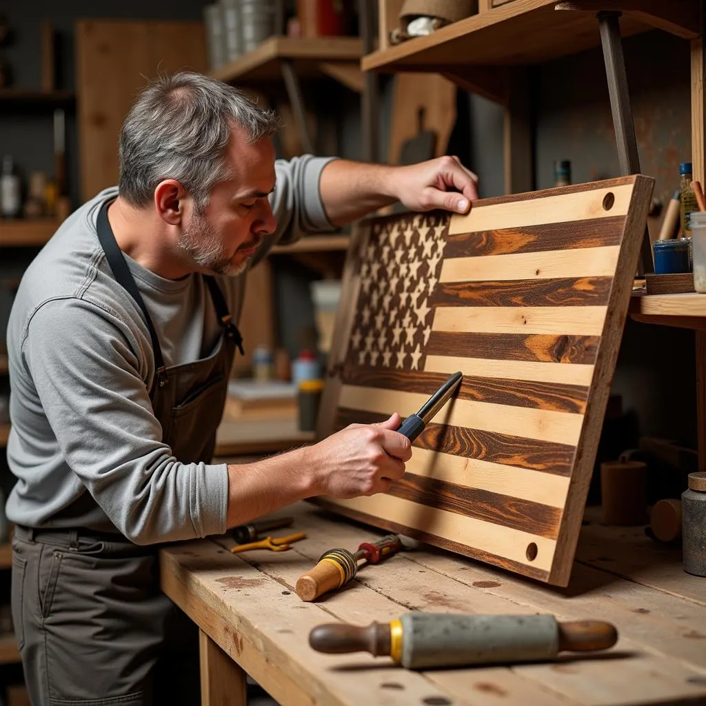 Artisan crafting a wooden American flag wall art piece