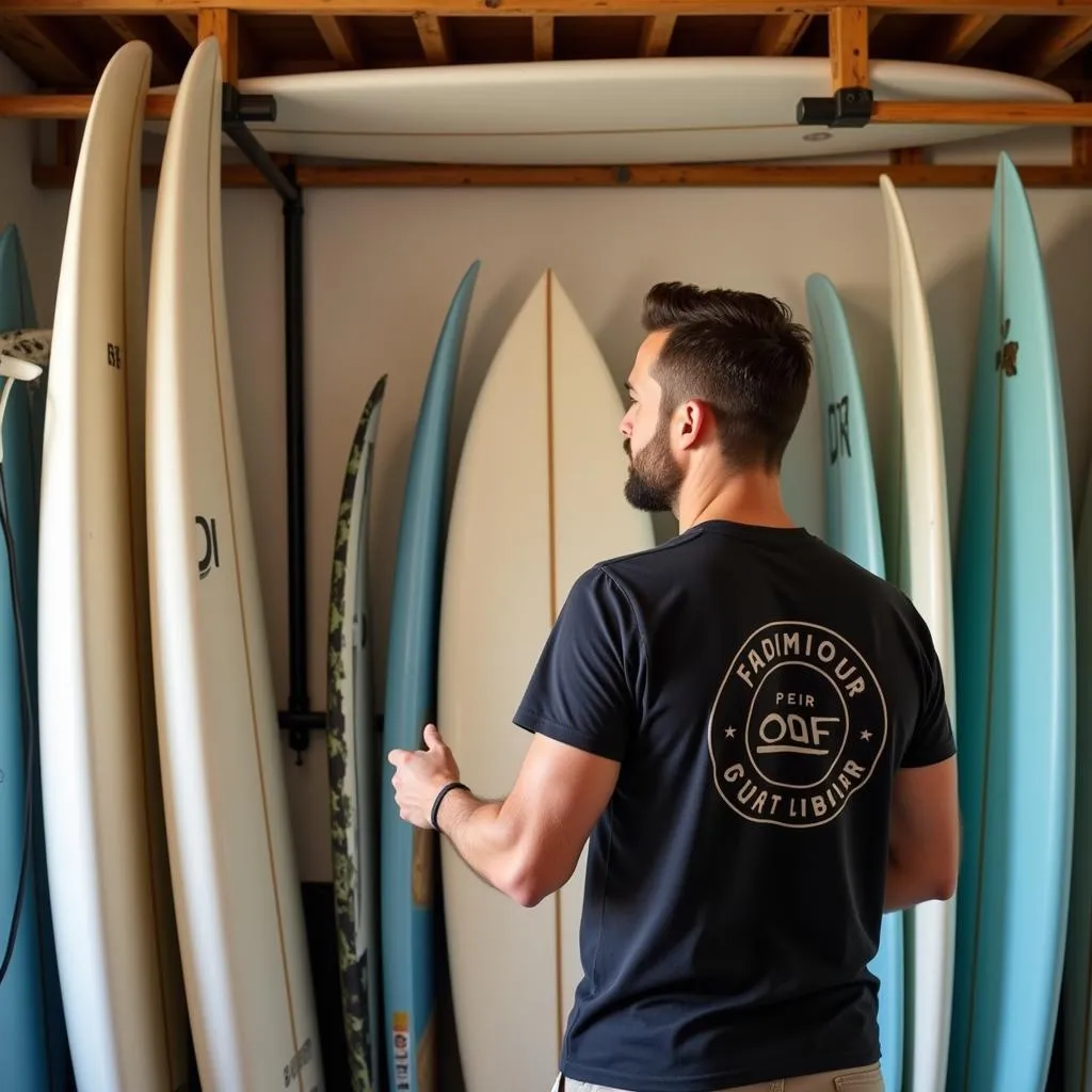 Man choosing a surfboard in a custom surfboard shop