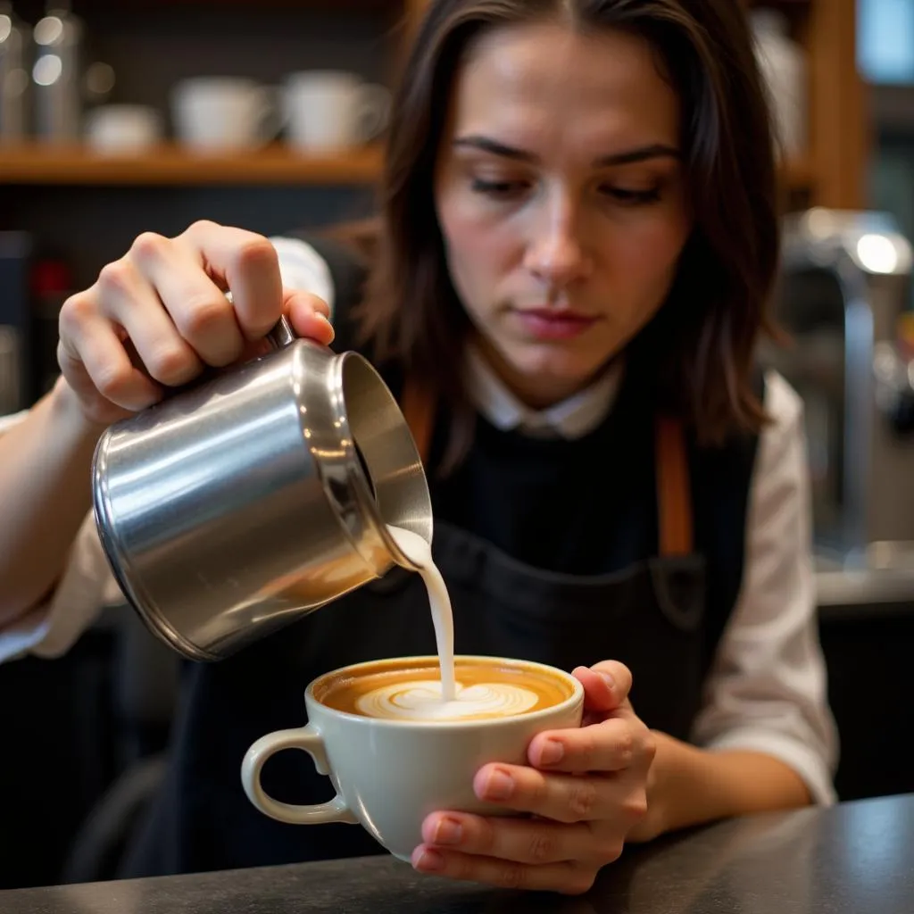 A barista using a milk frothing pitcher to create latte art