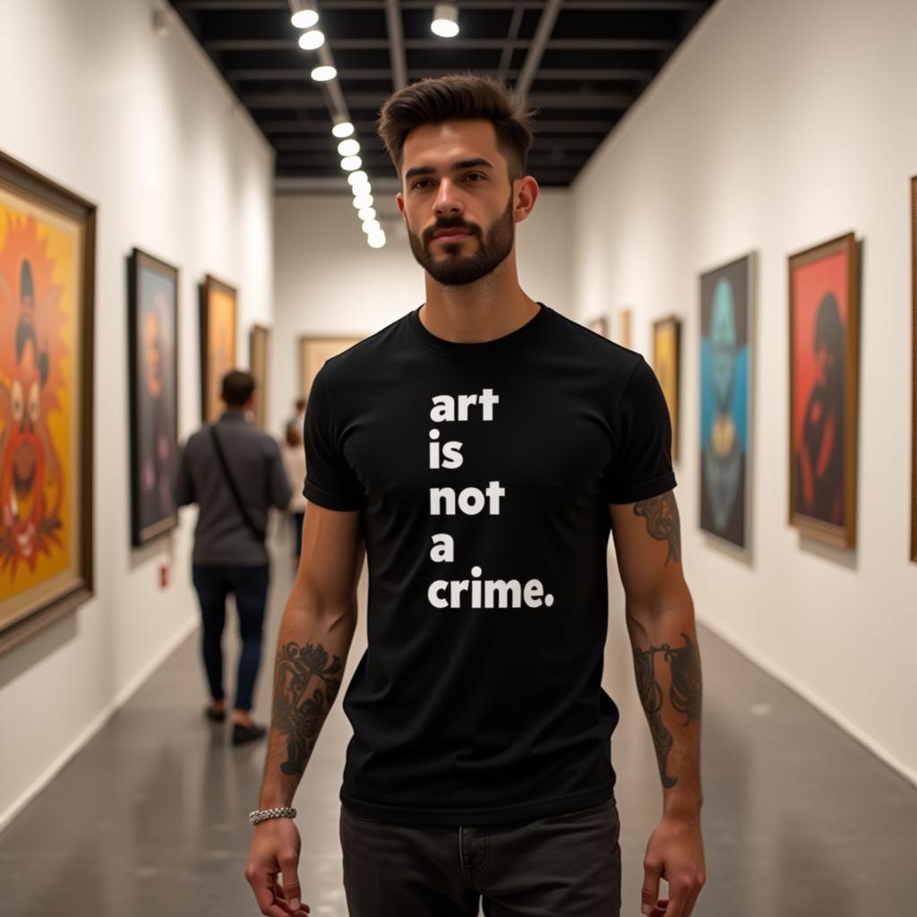 Model wearing an "art is not a crime" shirt at an art exhibition