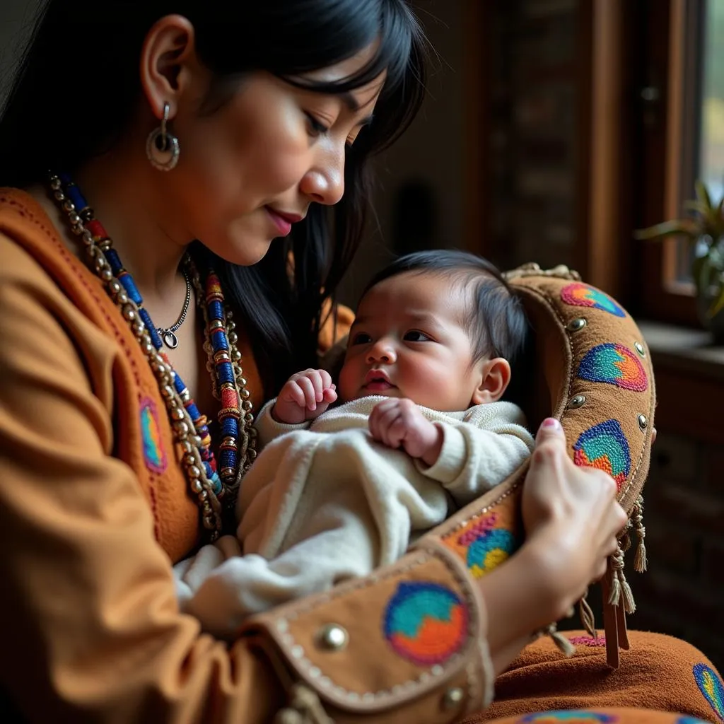 A mother lovingly cradling her baby in a cradle board