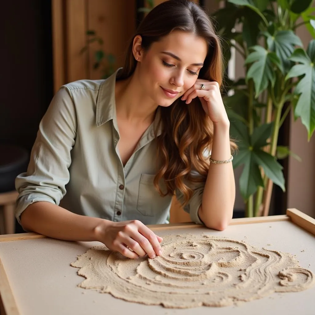 Woman Smiling and Relaxing at Oasis Sand Art Table